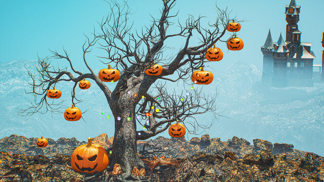 Halloween Landscape with Dead Tree Hung with Jack-o-Lanterns and Gothic Castle in Foggy Blue Sky  3d render illustration