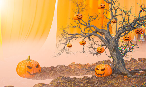 3D Halloween Scene with Large Jack-o-Lantern, Dead Tree Hung with Pumpkins and Yellow Curtains in Fog 