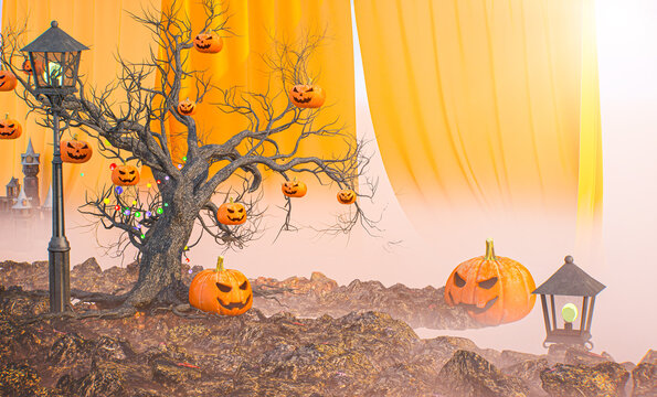 3D Halloween Scene with Large Jack-o-Lantern, Dead Tree Hung with Pumpkins and Yellow Curtains in Fog 
