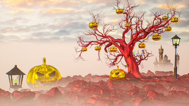 3D Halloween Landscape with Golden Jack-o-Lanterns, Red Tree, Street Lamps and Gothic Castle in Fog 3d render illustration