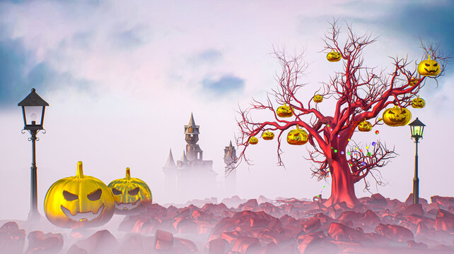 3D Halloween Landscape with Golden Jack-o-Lanterns, Red Tree, Street Lamps and Gothic Castle in Fog 3d render illustration
