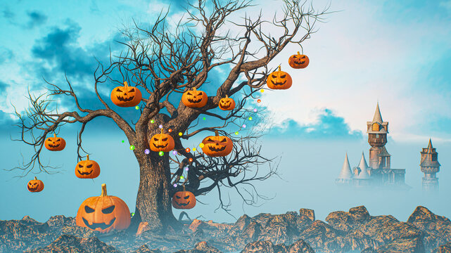 Halloween Landscape with Dead Tree Hung with Jack-o-Lanterns and Gothic Castle in Foggy Blue Sky  3d render illustration