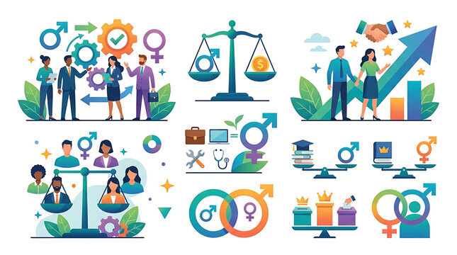 Set of flat vector illustrations representing gender equality and professional balance in the workplace.
