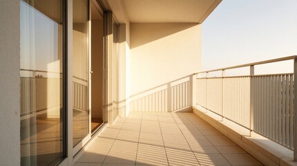 Fototapeta premium Empty modern apartment balcony with glass doors, metal railing. Golden morning sunlight creates long shadows on tiled floor. Peaceful outdoor terrace offers quiet residential space for relaxation.