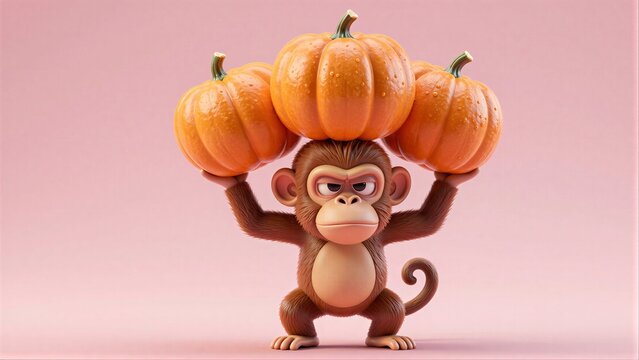 A cartoon monkey balances three pumpkins on its head with a tired expression.
