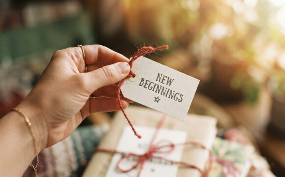 Woman holding gift tag with text new beginnings tied with red string symbolizing fresh start and new life opportunities