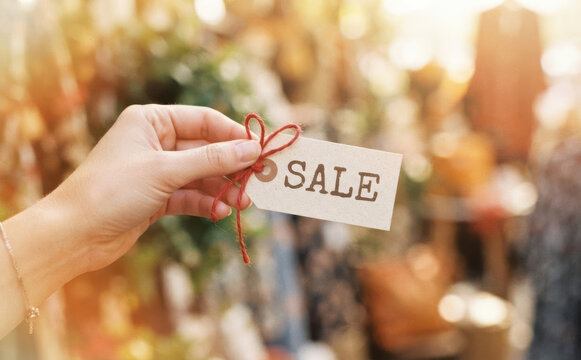 Hand holding a sale tag with string in a clothing store representing discount shopping retail event promotion bargain offer commerce clearance fashion buying season