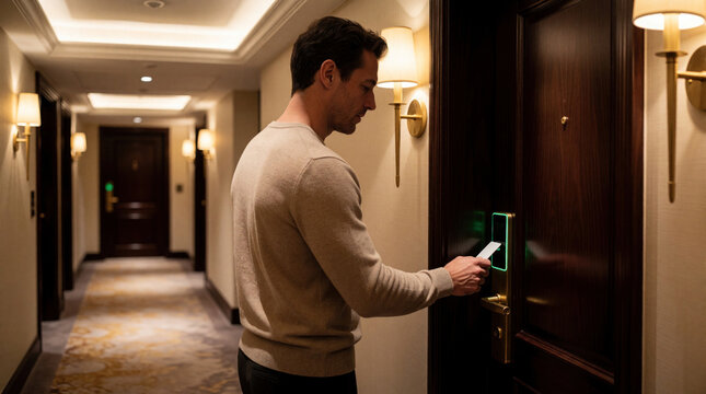 Man uses electronic key card to open luxury hotel room door. Guest enters premium accommodation hallway with warm lighting. Smart lock shows green light for access granted. High end hospitality