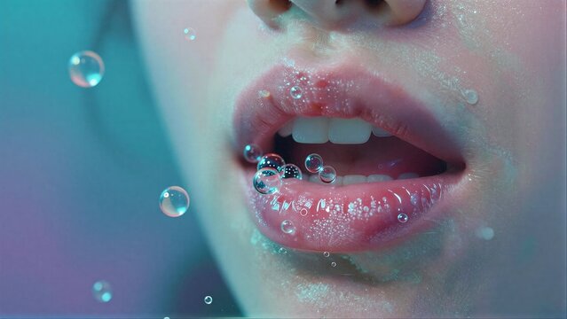 Close-up of lips with bubbles, soft blue-purple lighting.