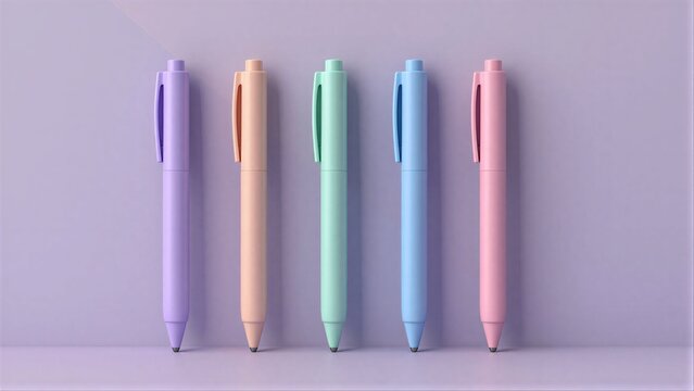 Five pastel-colored pens stand neatly in a row against a soft purple background.