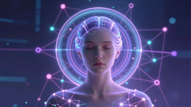 A serene woman surrounded by glowing digital networks and circular light patterns.