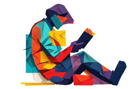 Abstract Low Poly Illustration of a Person Sitting Calmly While Reading an Open Book in a Colorful Geometric Style