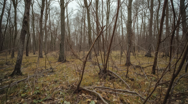 Dry deciduous forest with leafless trees and fallen branches, creating muted autumn scene