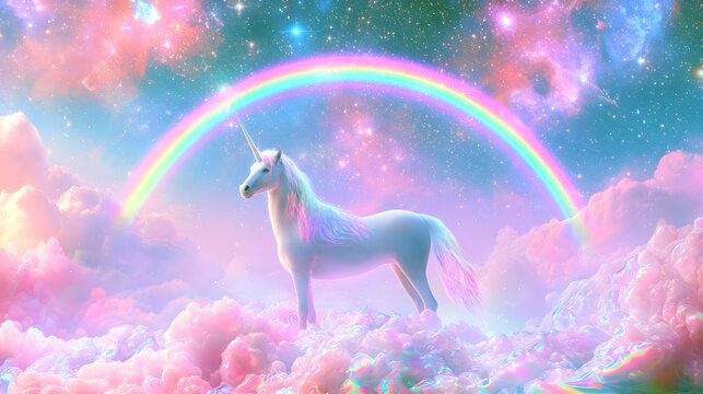 Holographic fantasy rainbow background with clouds and stars. Pastel color sky. Cloudy sky background. Unicorn fantasy pastel galaxy. Rainbow cute wallpaper. Fluffy magic pink landscape