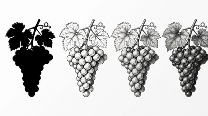 Fototapeta premium Set of grape bunch illustrations in four different styles. Black silhouette, clean line art, stippled dot work, realistic pencil sketch. Graphic fruit icons with leaves, stems for wine branding, menu