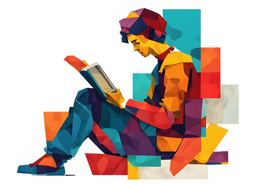 Colorful geometric illustration of a student reading a book in modern low poly art style