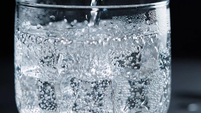 Pouring sparkling water into a glass with ice cubes creating bubbles and condensation