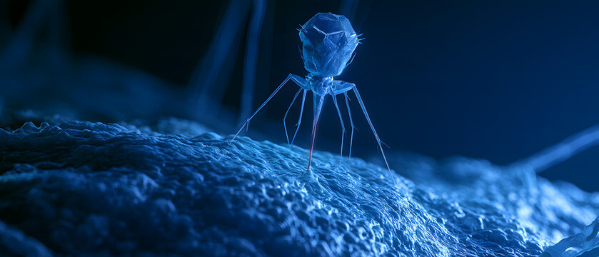 Bacteriophage attaches to bacterial surface in blue light
