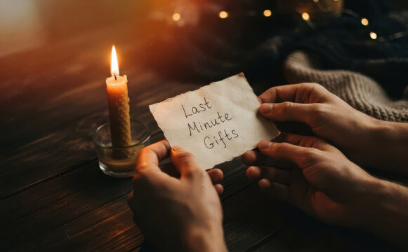 Hands holding a handwritten note with Last Minute Gifts text on a rustic wooden table with a burning candle and cozy festive bokeh lights for holiday shopping