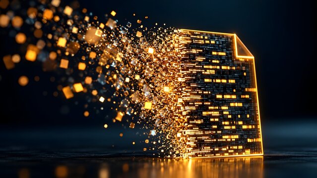 Glowing digital document dissolving into golden data particles representing file conversion and digital transformation