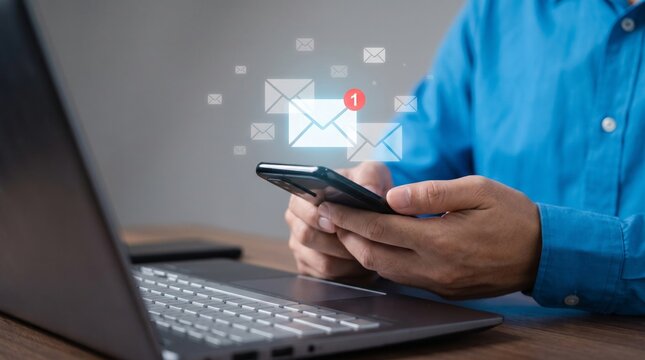 Businessman checking incoming email messages on smartphone at office desk