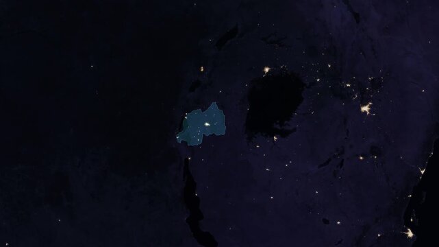 Rwanda night globe. City lights, zoom, spin, outline glow, pullback, ring reveal for Rwanda. Elements of the animation furnished by NASA.
