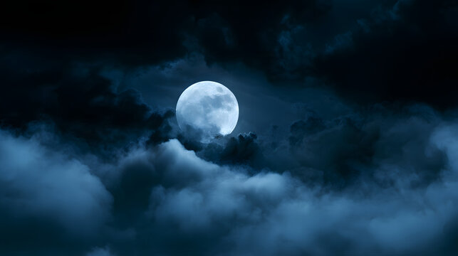 full moon illuminates a dark, cloudy night sky with dense blue fog and a Halloween background. The nighttime ambiance is enhanced by lunar light, creating a gothic aesthetic and eerie atmosphere