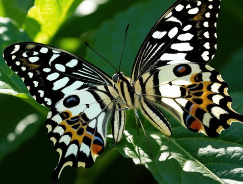 Macro shot of two butterflies mating on green leaf. Colorful lepidoptera pair copulate during breeding season in summer garden. Detailed wing patterns show black white, yellow colors. Close up of