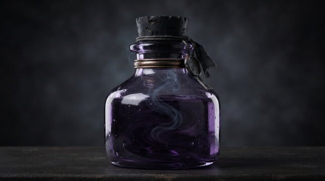 Mysterious magical potion bottle with purple swirling smoke on a dark rustic surface
