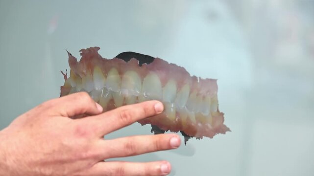 Hand displays a flexible dental prosthesis against a clear pane close up, A removable set of artificial teeth is shown at a trade exhibition