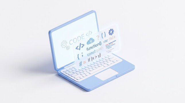 Isometric 3D illustration of a blue laptop with floating coding syntax elements like brackets and functions on screen representing software development, programming, web design,