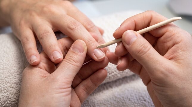 Close up of a manicurist using a wooden cuticle pusher to gently push back the cuticle on a client's fingernail during a manicure treatment