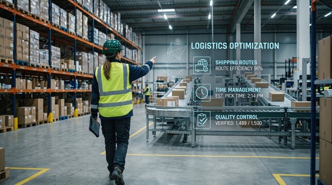 Female warehouse worker in safety vest pointing at augmented reality logistics optimization dashboard showing shipping routes, time management data, and quality control statistics