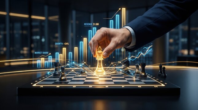 Business strategy concept featuring a hand moving a golden king chess piece on a futuristic board with glowing financial charts, revenue growth graphs and market share data