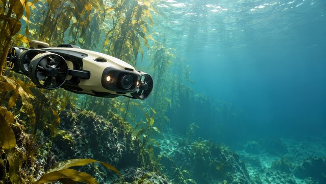 Underwater remote operated vehicle exploring kelp forest seabed environment exploration robot technology photography concept