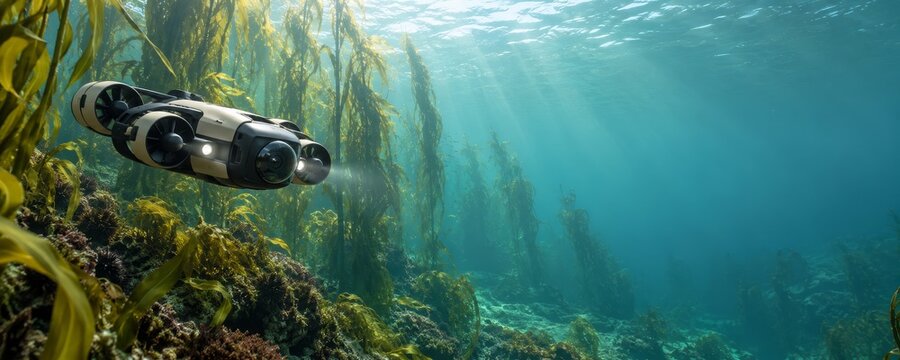 Underwater remote operated vehicle exploring giant kelp forest ecosystem in deep blue ocean waters