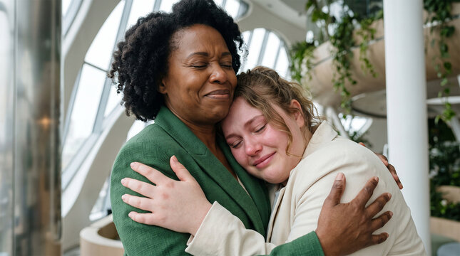 Two women embracing, one crying, showing support and empathy in a modern office setting