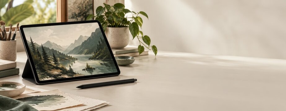 Modern digital tablet displaying scenic mountain landscape artwork on a sunny desk workspace for creative artists and designers