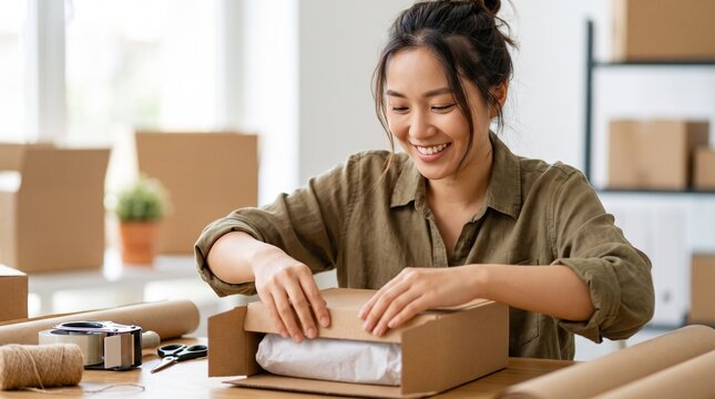 Smiling Asian Woman Packing a Product into a Cardboard Box for Shipping and Delivery