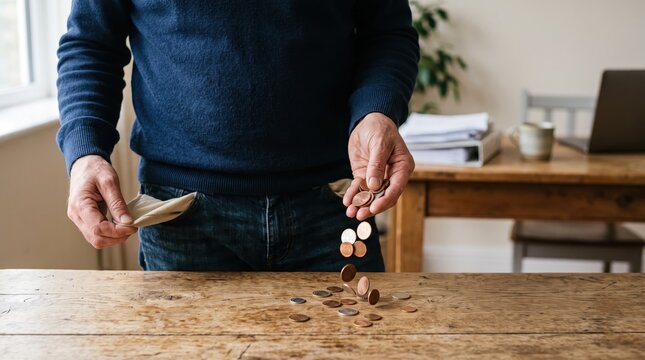 Man pouring coins from empty wallet onto wooden table, financial struggle concept, poverty and debt crisis metaphor, saving money problem, economic hardship illustration, cash