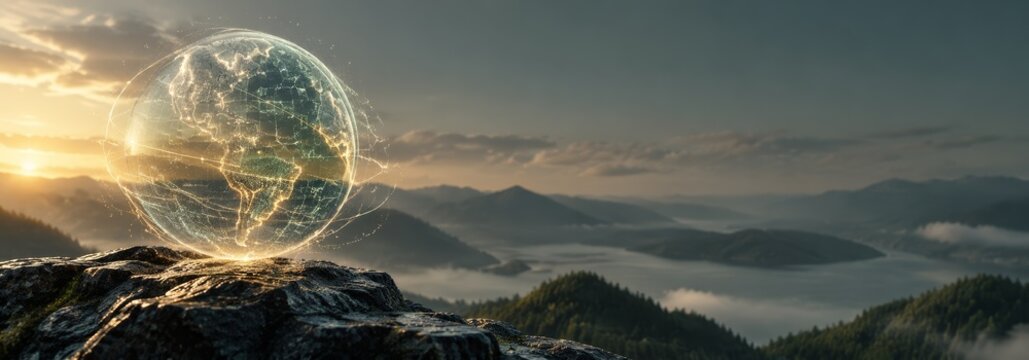 Glowing digital earth sphere floating above misty mountain landscape at sunrise for global network connectivity concept
