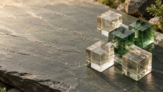 Abstract geometric glass cube sculpture set resting on natural slate stone surface background