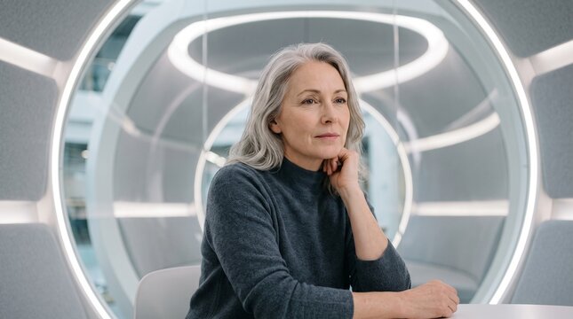Thoughtful mature woman with long gray hair in a modern office setting with circular lighting