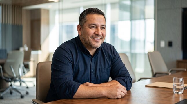 Smiling middle aged man in dark blue shirt sitting at a conference table in a modern office
