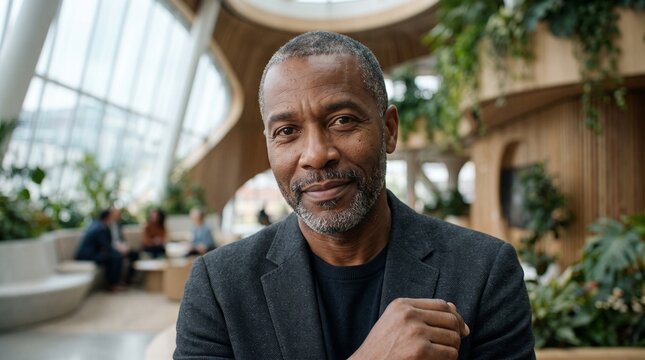 Mature African American man in a modern office with lush greenery and natural light