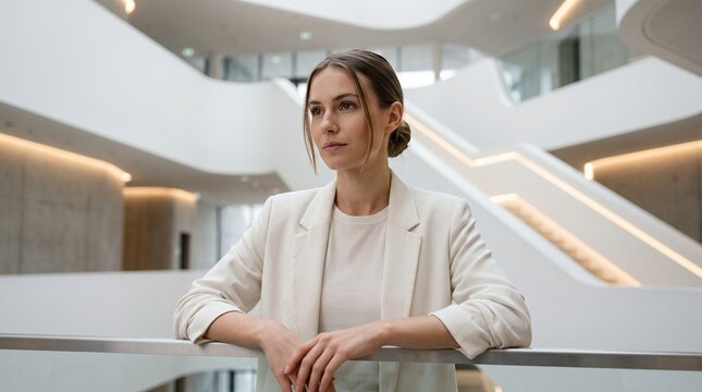Confident young businesswoman in a modern office building looking thoughtfully into the distance
