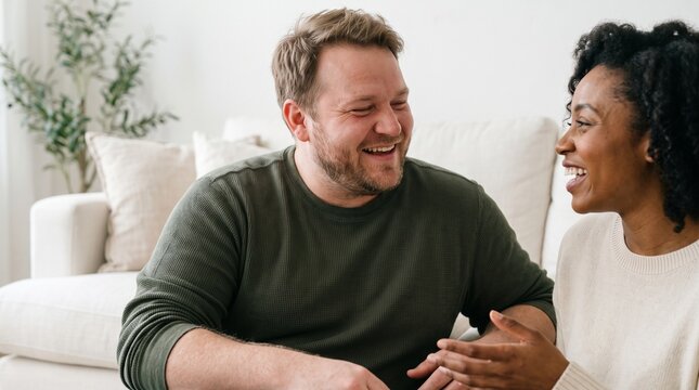 Diverse couple laughing together indoors on a couch with a plant in the background