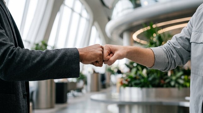 Two diverse men in business attire exchange a fist bump in a modern office lobby celebrating success and teamwork