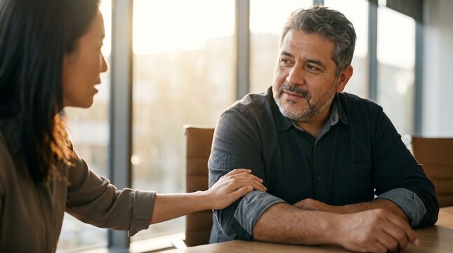 Woman Comforts Man With Hand On Shoulder During Conversation In Office Setting