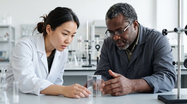 Diverse scientists collaborate in a modern laboratory examining a clear cube specimen
